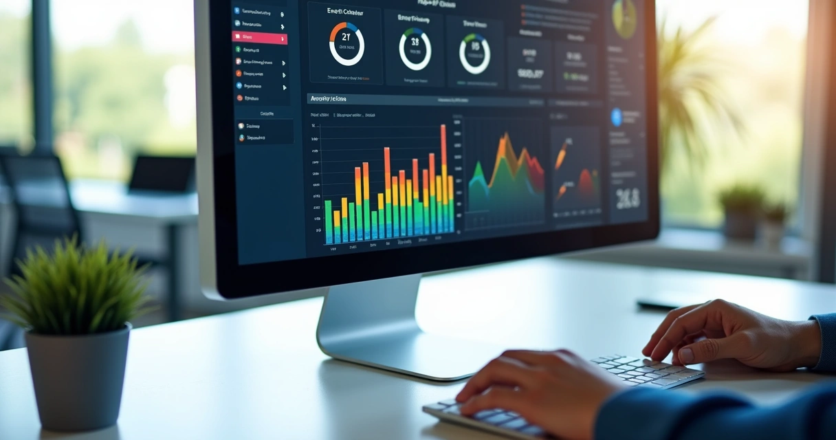 Monitor de computador exibindo dashboard de ERP com gráficos coloridos sobre gestão empresarial. 
