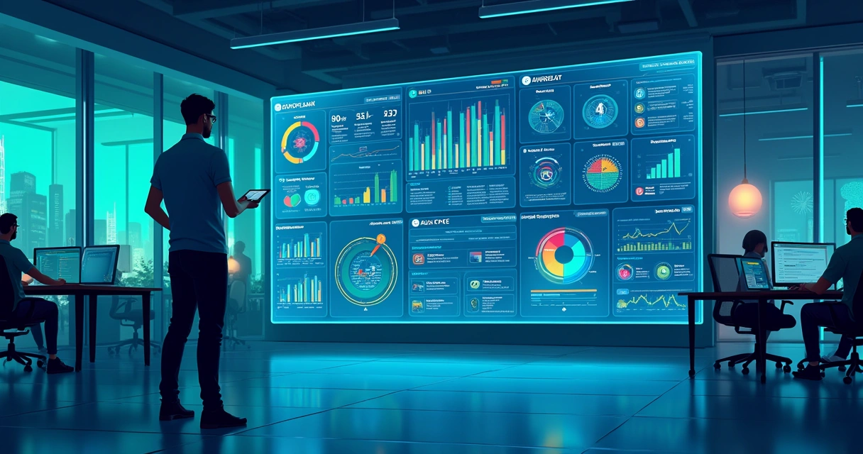 Painel digital com gráficos e dados, representando uso de inteligência artificial em gabinete 