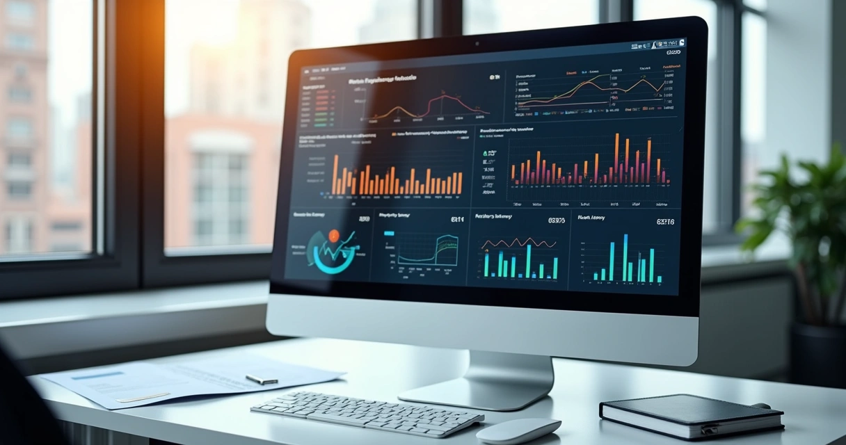 Painel financeiro digital mostrando relatórios de logística em tempo real na tela de um computador 