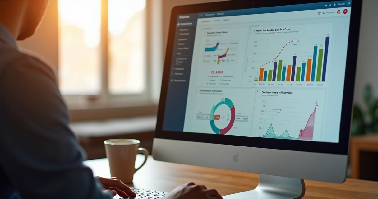 Dashboard de vendas mostrando métricas em tempo real em tela de computador. 