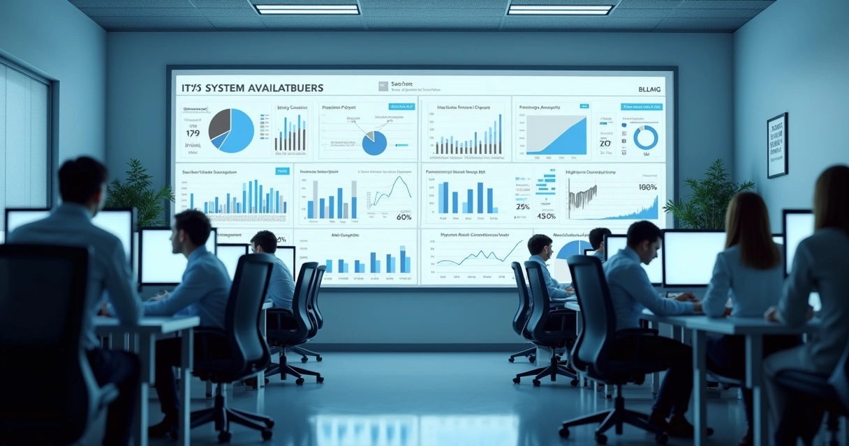 Dashboard com gráficos de disponibilidade de sistemas em tela de computador 