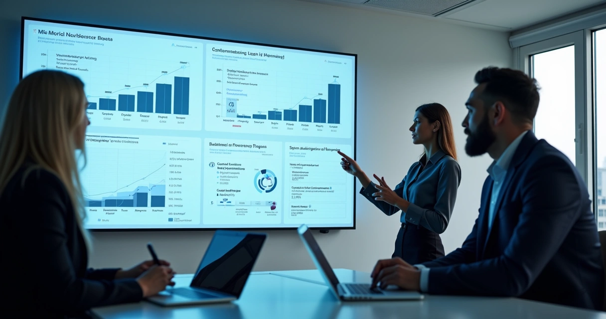 Dashboard digital com métricas de outsourcing e equipes analisando gráficos 