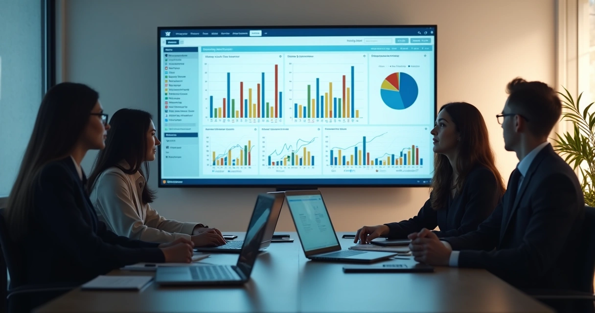 Dashboard tradicional de BI com gráficos e linhas coloridas 