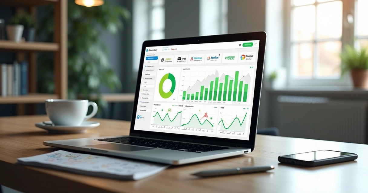 Painel de marketing digital com gráficos de tráfego pago em alta no notebook 