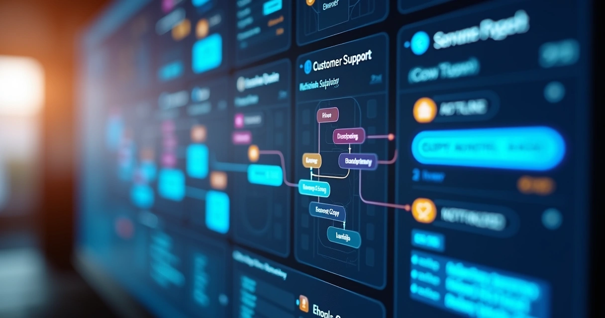 Dashboard digital com status de atendimentos e etapas visuais de um fluxo de atendimento. 