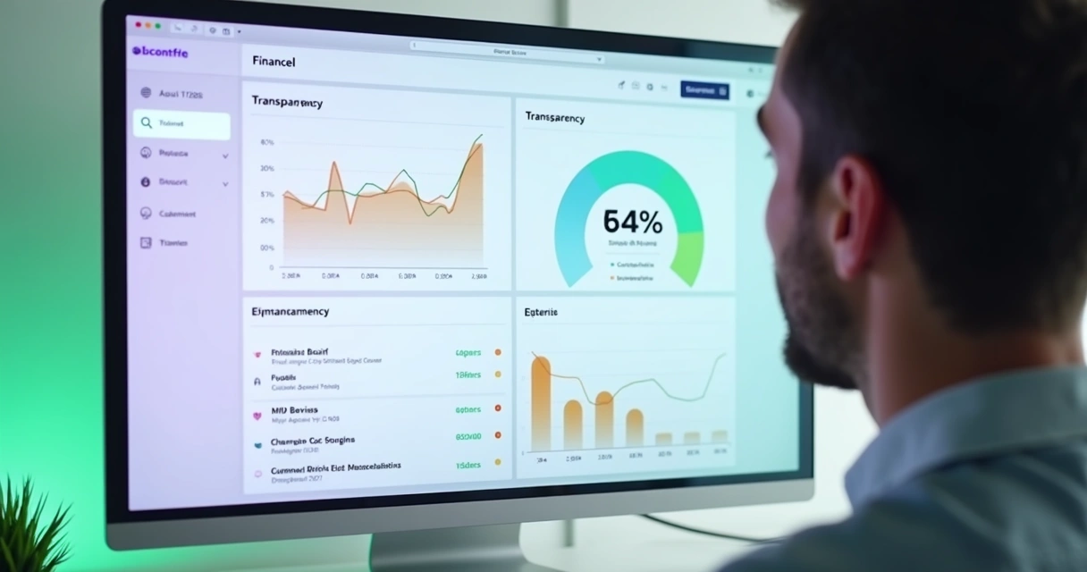 Painel digital mostrando gráficos e estatísticas de transparência financeira 