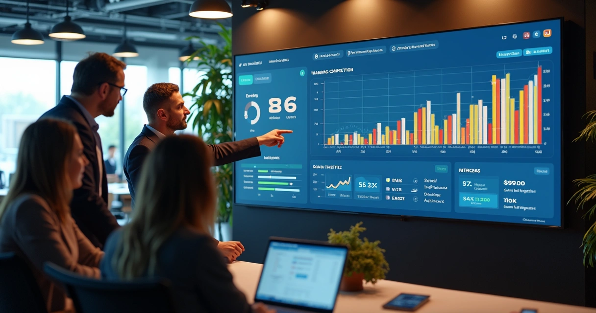 Dashboard digital mostrando indicadores de treinamento e engajamento dos colaboradores 