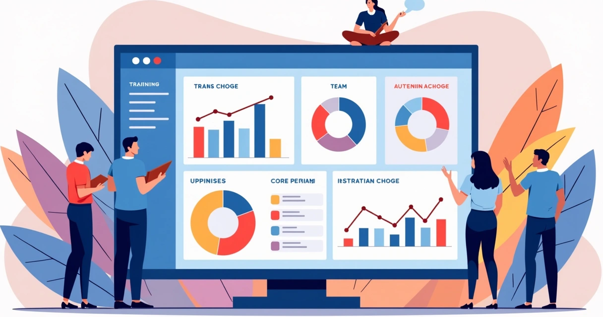 Dashboard de treinamento corporativo colorido com gráficos de progresso e filtros interativos