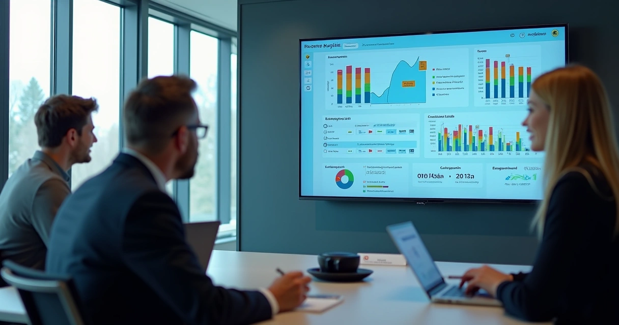 Dashboard digital com métricas de treinamento e gráficos coloridos exibidos em tela grande de monitor em ambiente empresarial 
