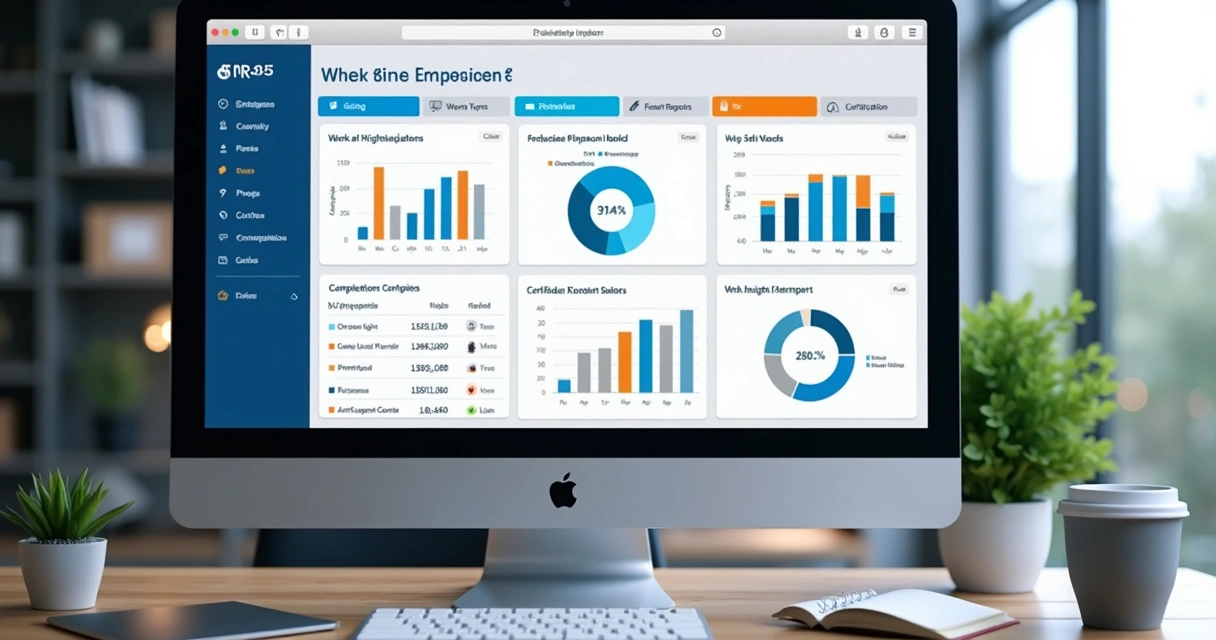 Dashboard digital com dados de treinamento NR-35 de equipe industrial 