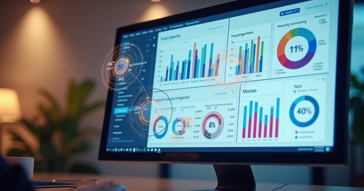 Painel tributário digital com gráficos coloridos e tabelas, mostrando dados fiscais de várias empresas, fundo neutro