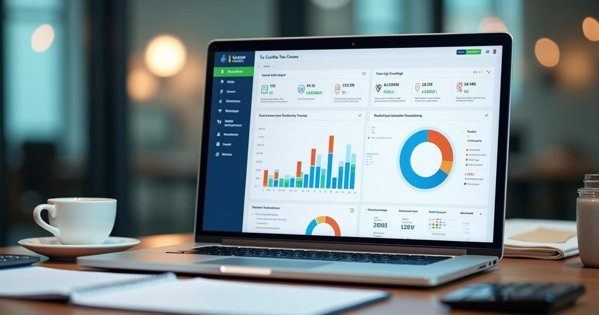 Dashboard com indicadores tributários em tela de notebook 