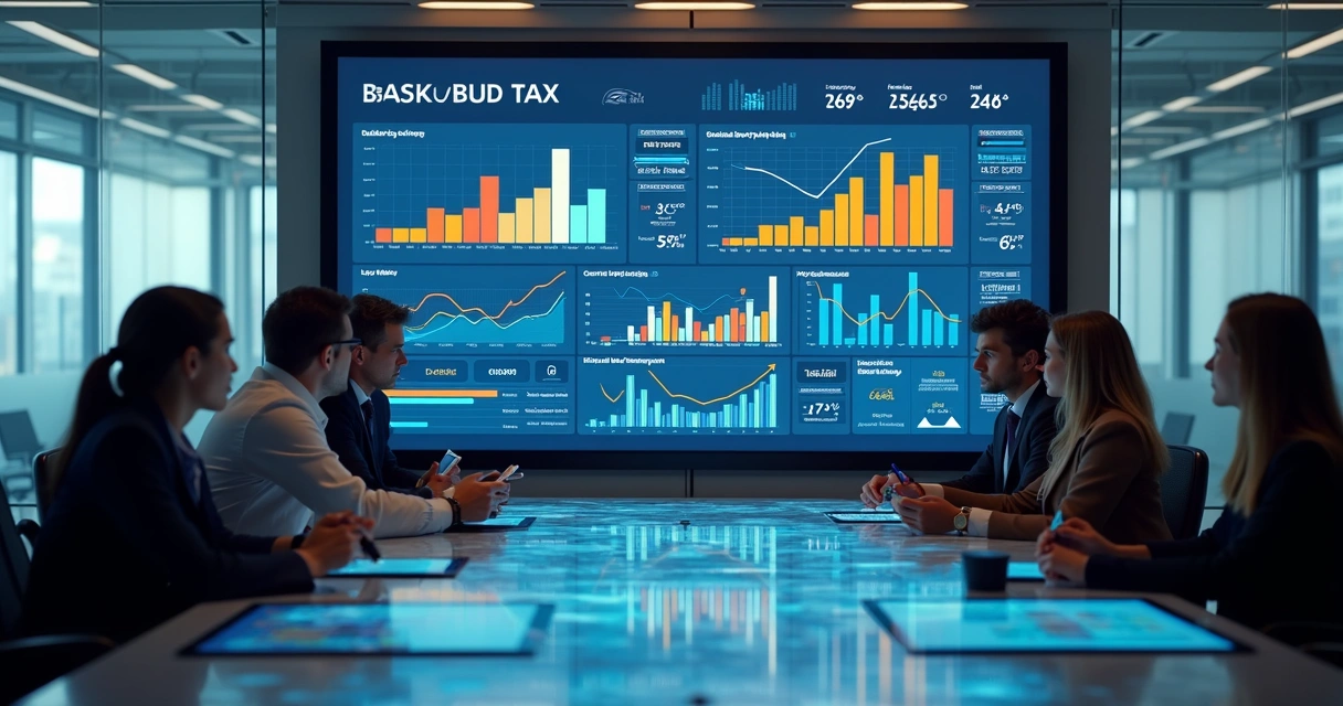 Painel interativo exibindo gráficos financeiros e fiscais coloridos, com profissionais analisando dados em tempo real
