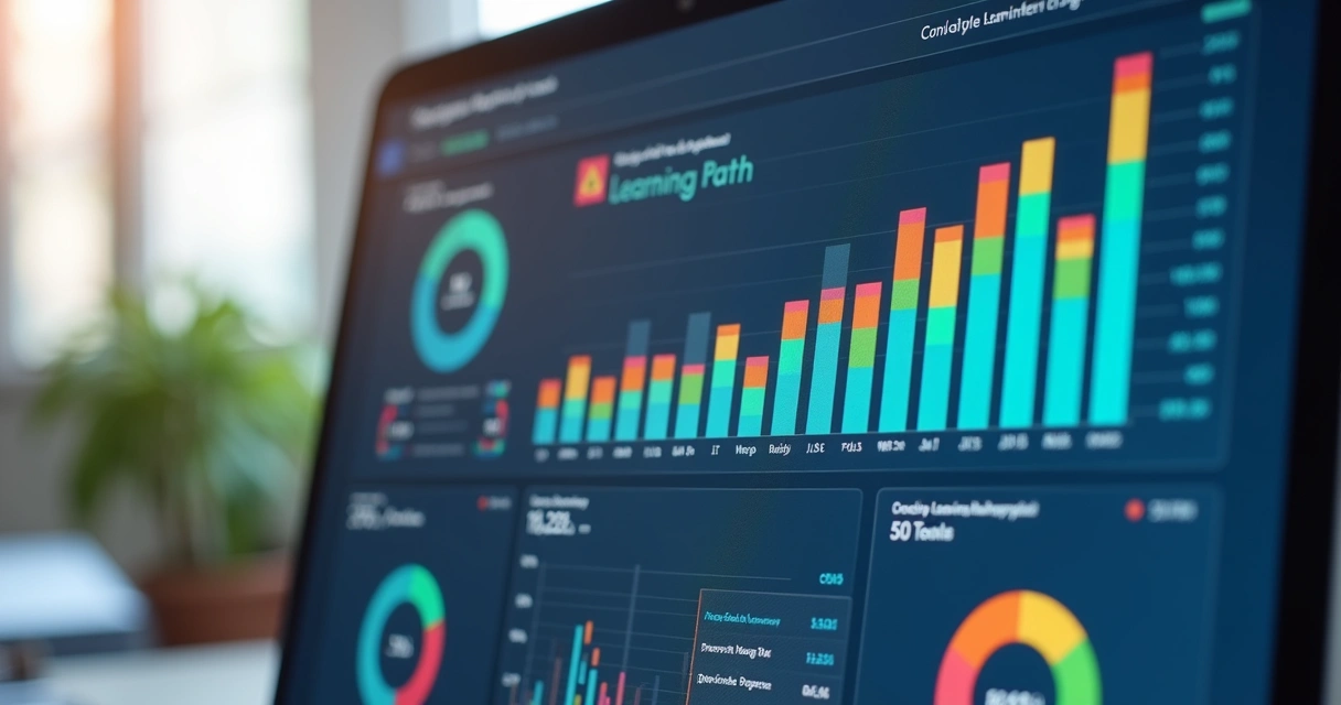 Dashboard digital mostrando resultados de trilhas de aprendizado no RH 