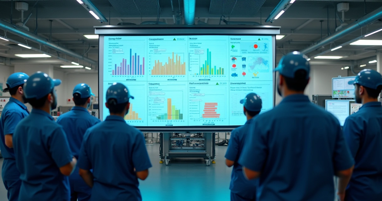 Dashboard digital de indicadores de troca de turno em tela grande na fábrica, equipe observando 