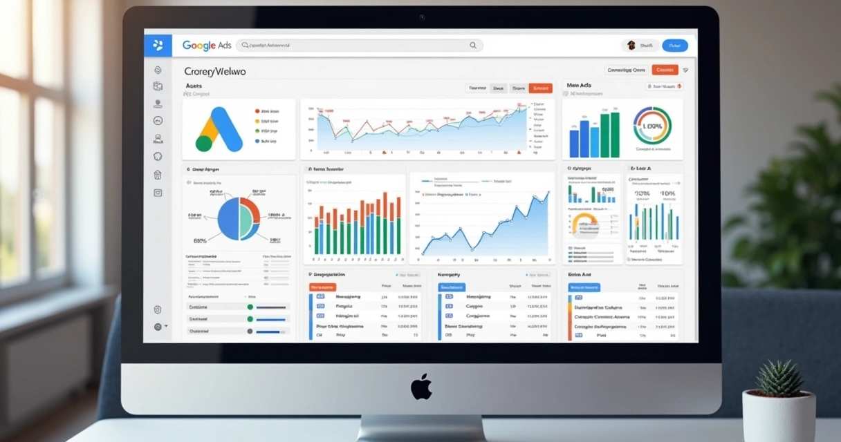 Dashboard unificado mostrando contas do Google Ads e Meta Ads, com gráficos e tabelas centralizadas 