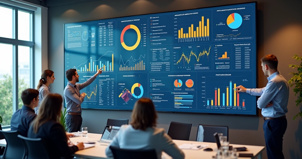 Painel digital com gráficos e resultados integrados em uma tela grande 