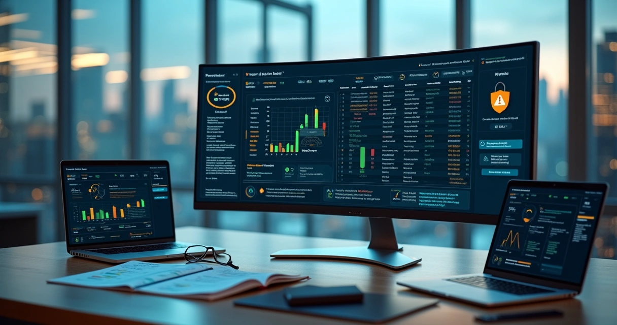 Painel empresarial exibindo dashboard com checagem e validação de dados 