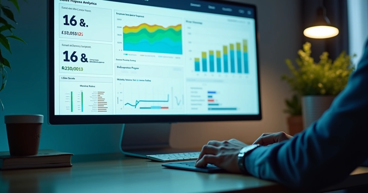 Dashboard ilustrando visualizações e status de propostas de vendas em tela 