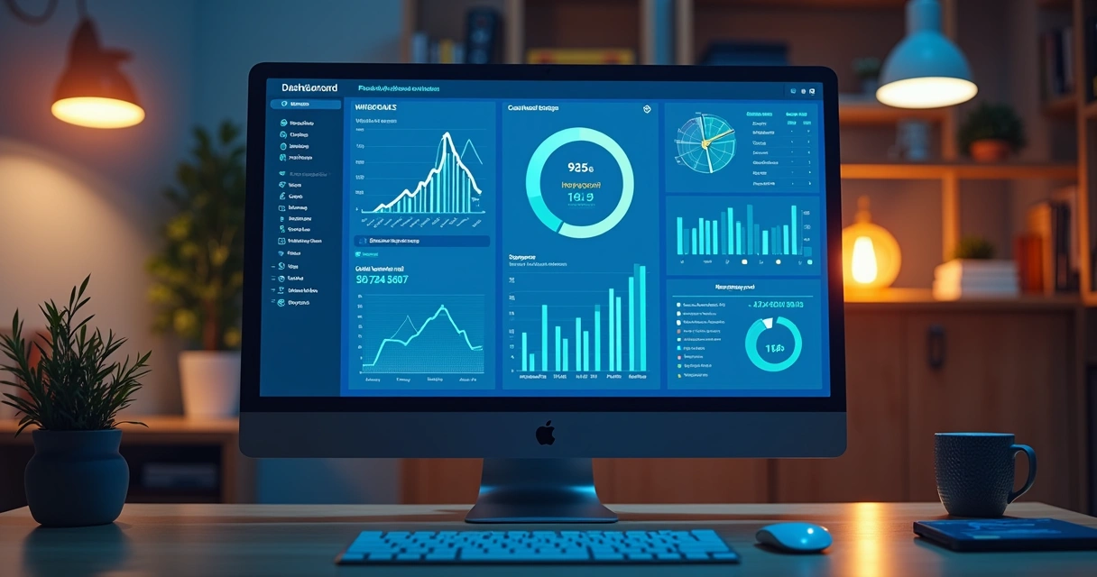 Painel de vendas digital com gráficos e relatórios em tela de computador moderno 