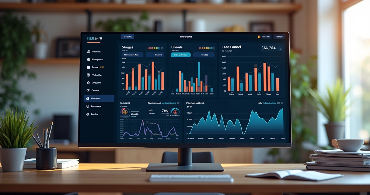 Dashboard de vendas com métricas de automação em monitor ultra wide 