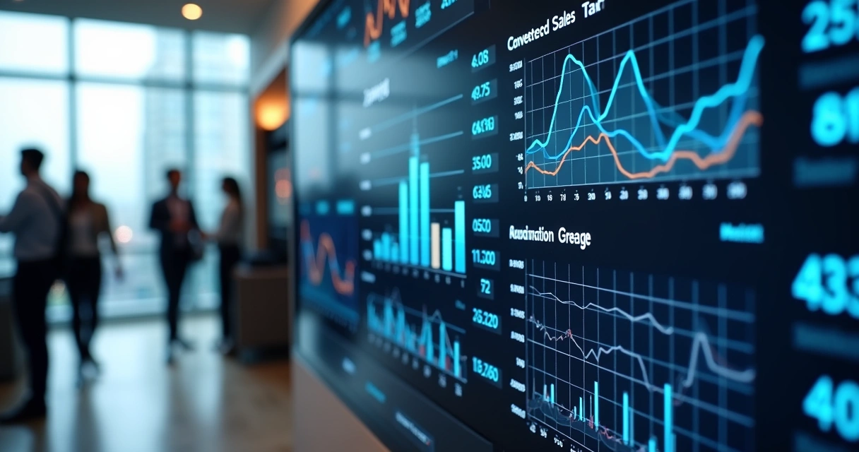 Painel digital de vendas mostrando números e tendências após automação com IA 