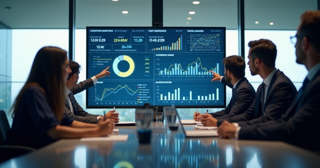 Dashboard de vendas B2B sendo analisado em tela grande. 