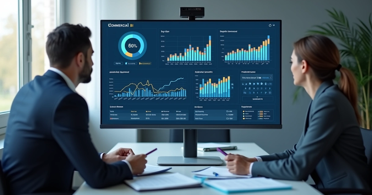 Dashboard comercial com gráficos de vendas e metas em tela grande 