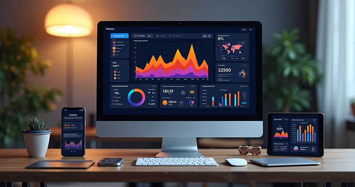 Dashboard colorido com gráficos de vendas centralizados 