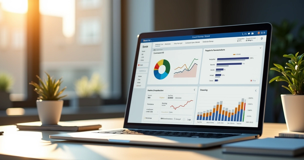 Dashboard de vendas B2B exibindo funil, taxas de conversão e métricas de pipeline na tela de um notebook. 