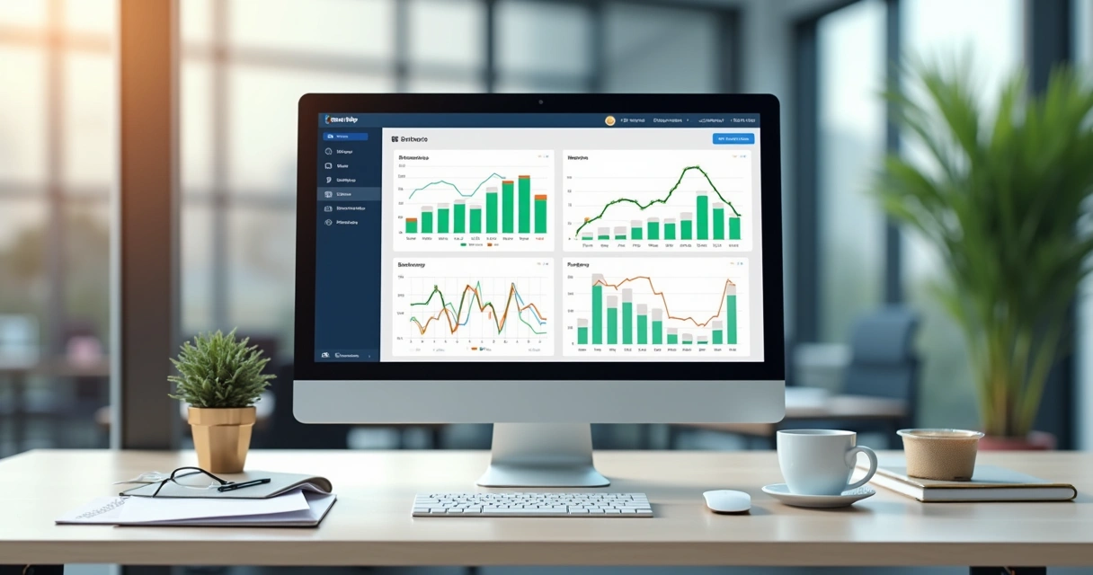 Dashboard colorido de vendas em tempo real numa tela de computador 