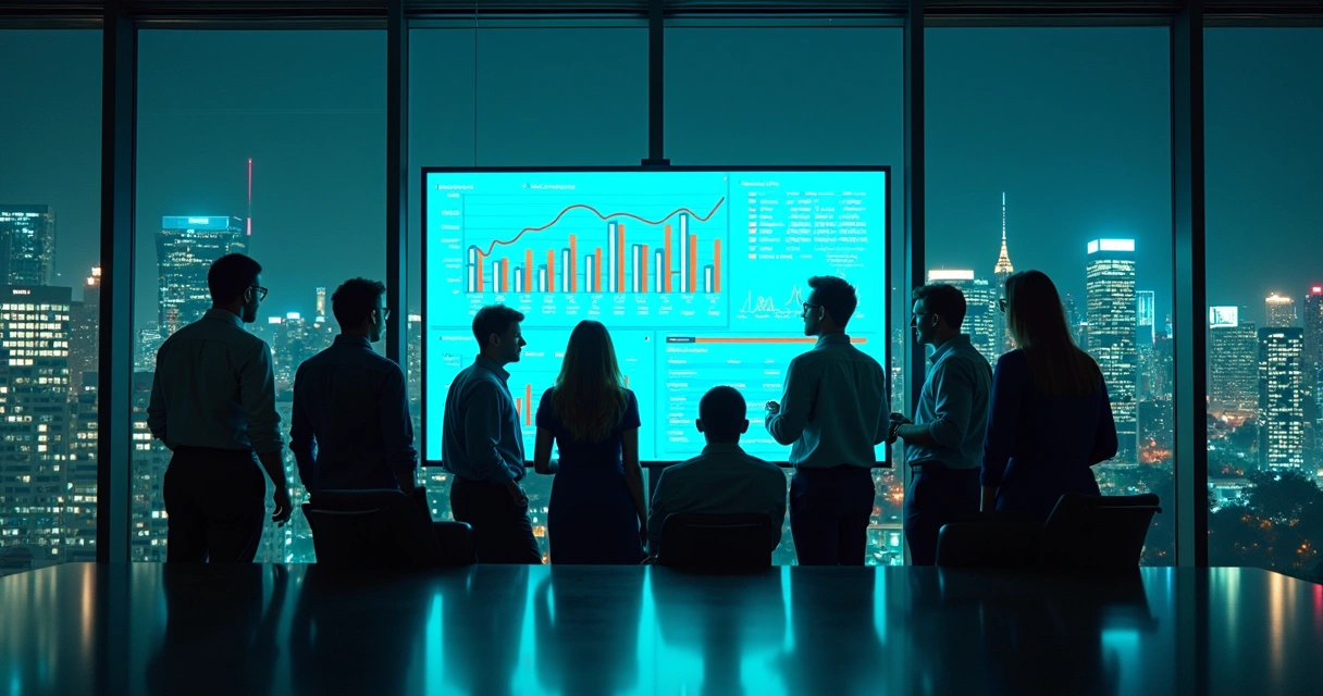 Dashboard de vendas empresarial com gráficos e equipe analisando dados 