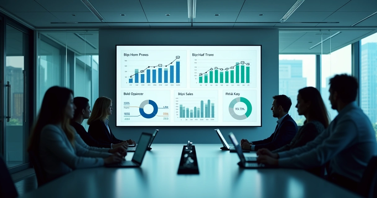 Dashboard de vendas mostrando evolução de resultados e equipe analisando 