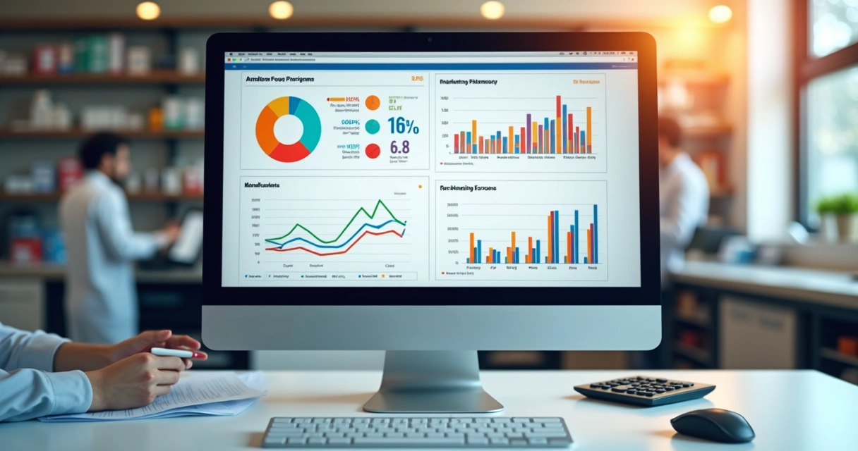 Painel digital de vendas de farmácia de manipulação mostrando gráficos coloridos em tela de computador 