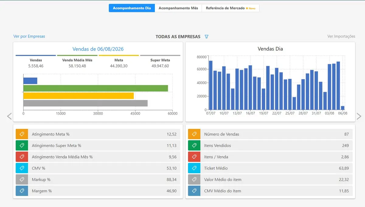 Dashboard de vendas em gráfico e indicadores financeiros detalhados de um dia específico