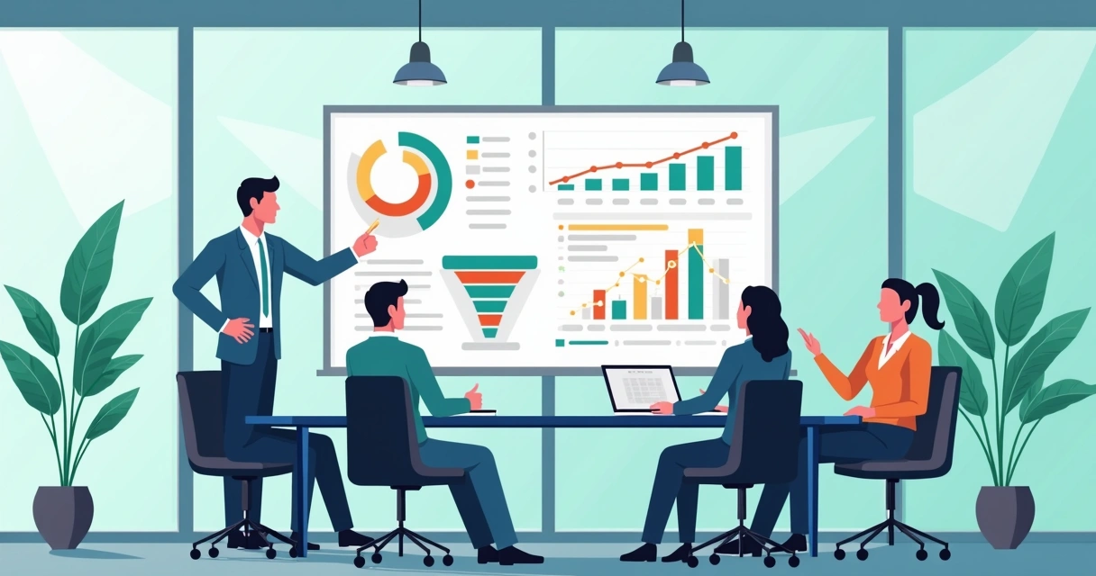 Equipe discutindo métricas de vendas B2B em dashboard grande 