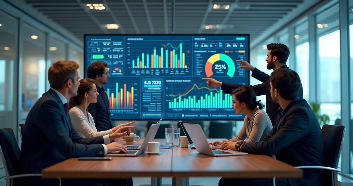 Dashboard comercial com gráficos de BI detalhados e equipe analisando dados em escritório moderno 