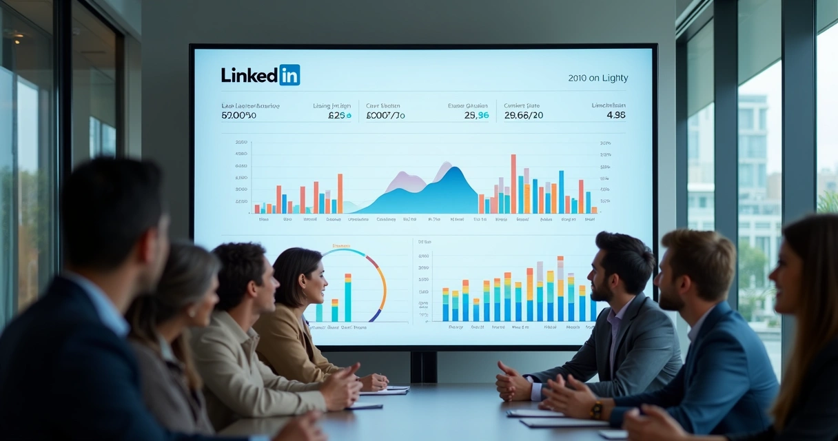 Dashboard digital com métricas de vendas, funil de oportunidades no LinkedIn, gráficos coloridos e tela clara 