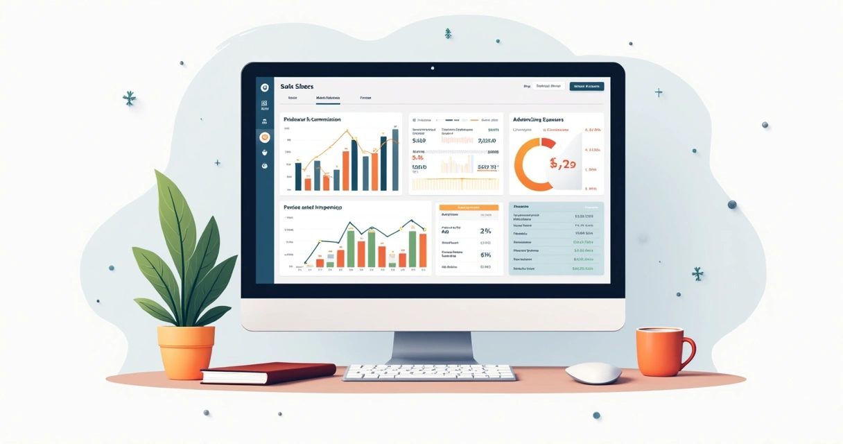 Painel financeiro com gráficos de vendas e taxas 