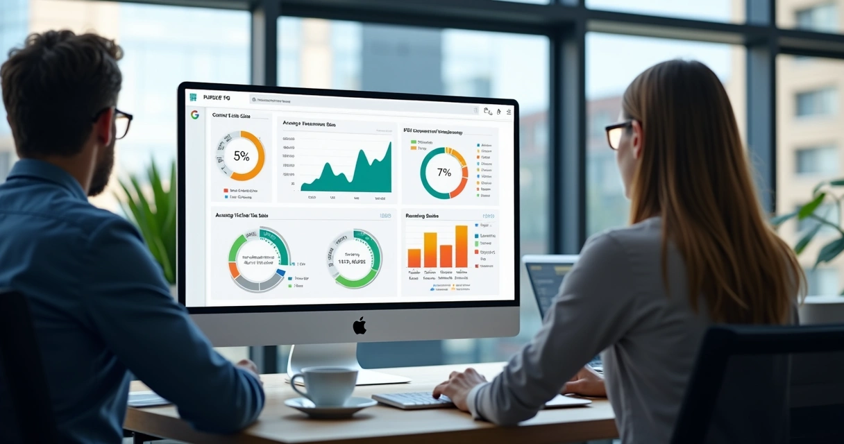 Dashboard com indicadores de vendas em tela, mostrando gráficos de conversão, ticket médio, metas alcançadas e recorrência. 