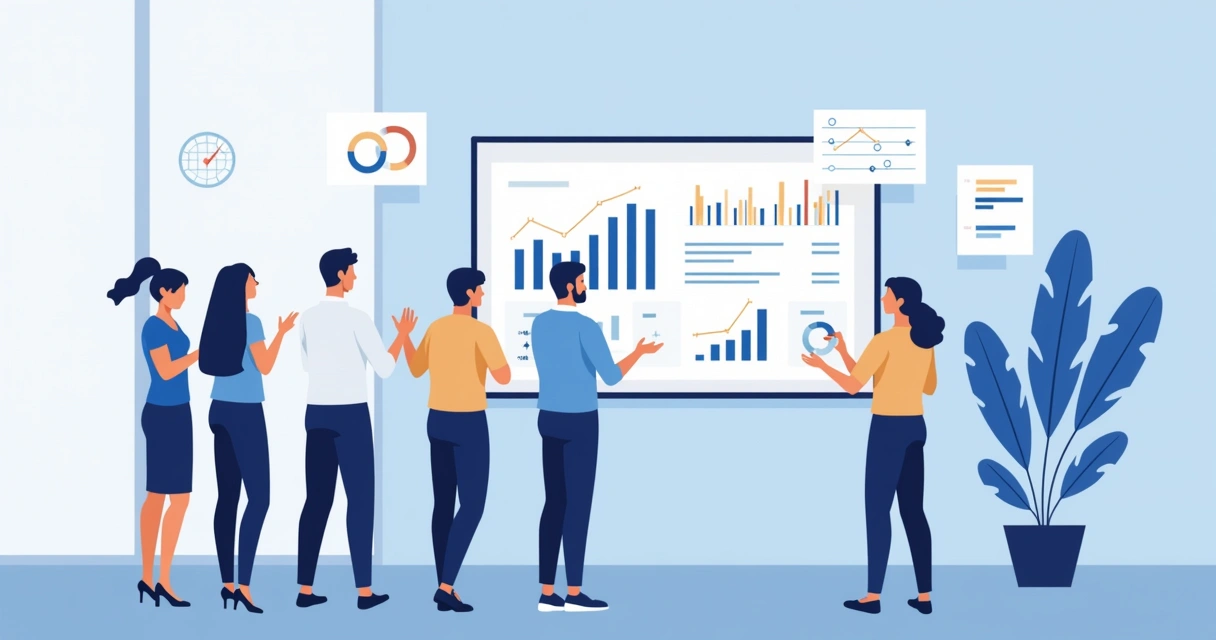 Dashboard de vendas simples numa PME, com gráficos de barras, tabelas de metas e indicadores essenciais em uma tela. 