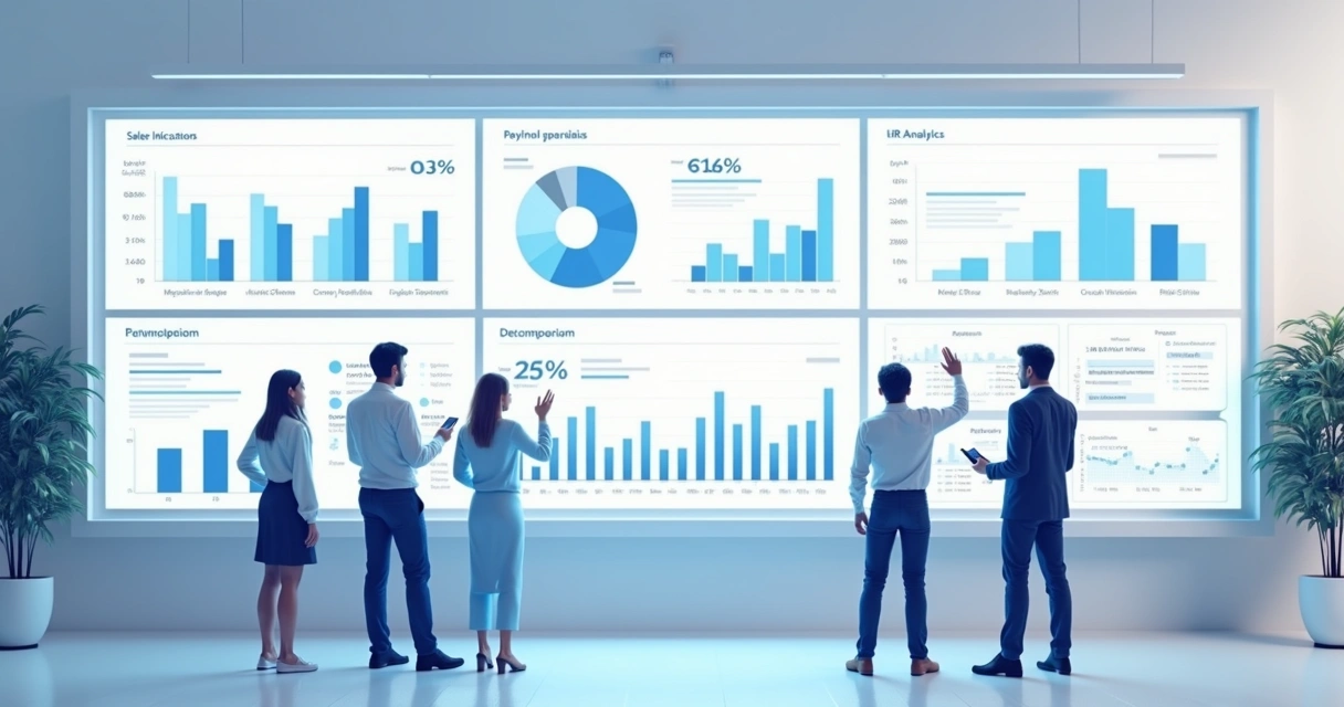 Dashboard integrando vendas, financeiro e RH em tela digital 