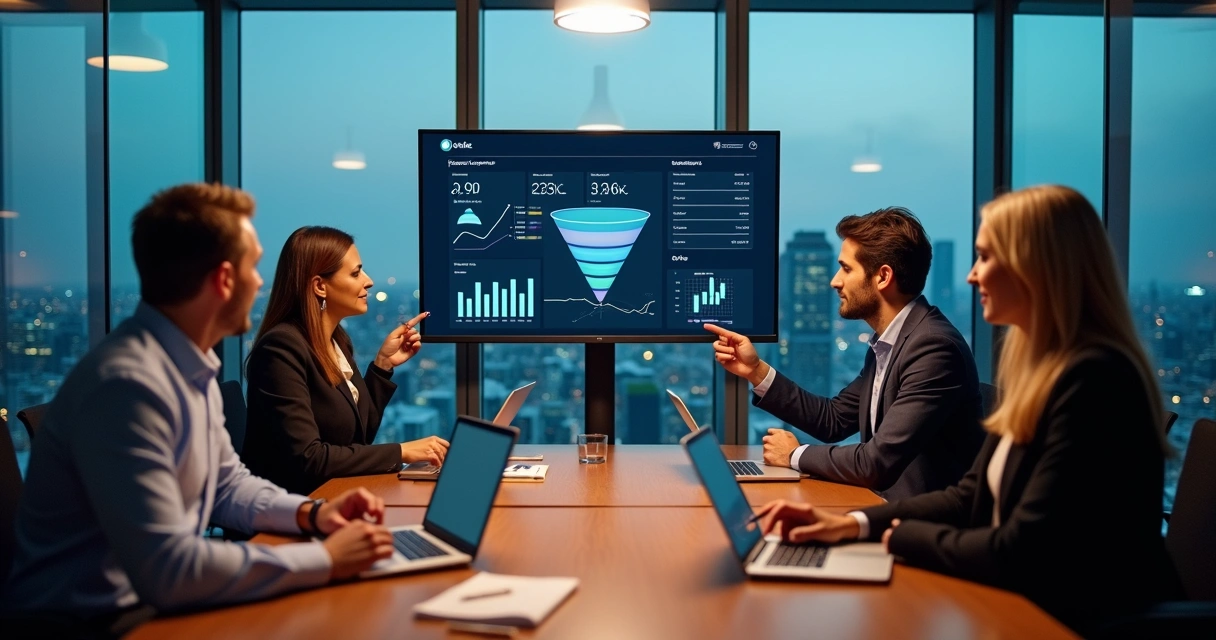 Gestores em sala envidraçada analisando grande dashboard de vendas 