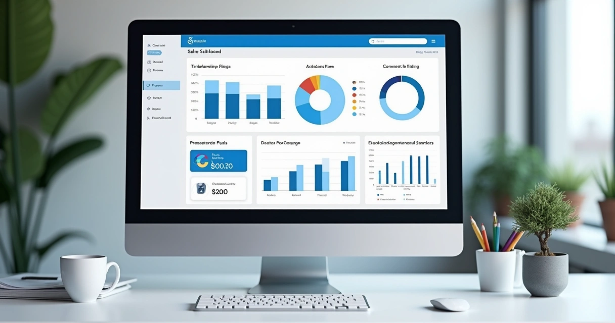 Dashboard de vendas mostrando funil, contatos e taxa de conversão em tela de computador