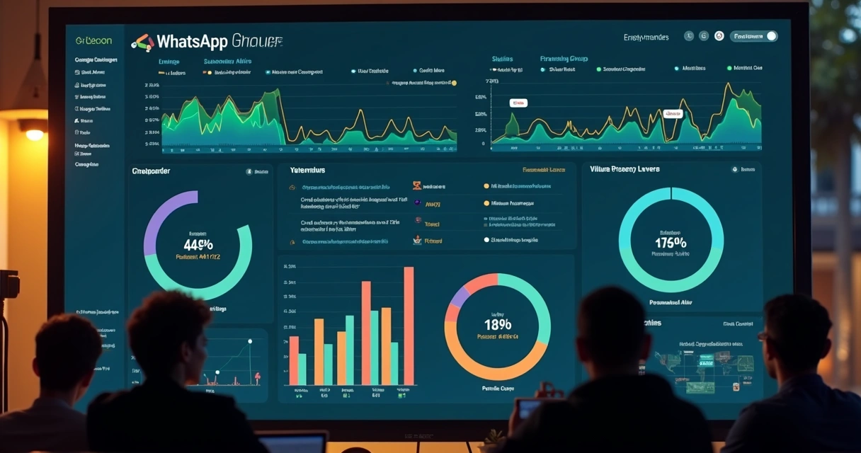 Dashboard digital com análise de vários grupos de WhatsApp, destacando gráficos de engajamento e alertas automáticos. 