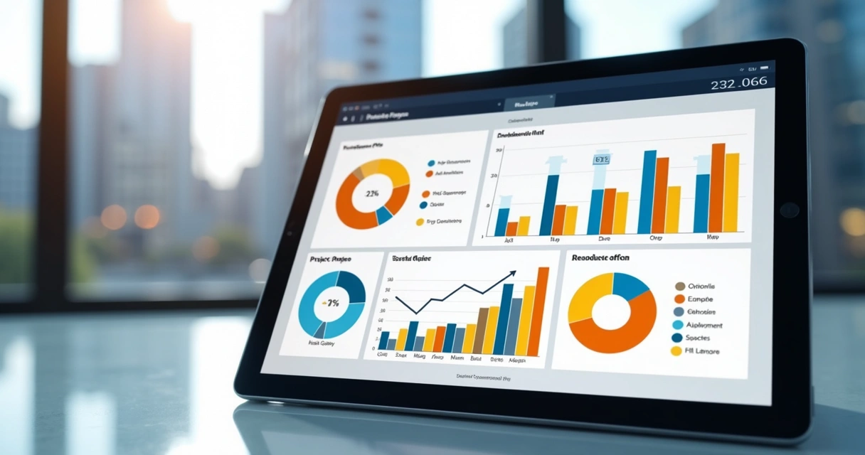 Dashboard visual com gráficos de andamento de obras em tablet. 
