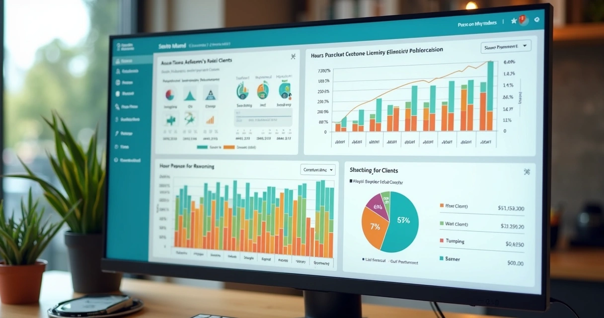 Dashboard colorido mostra horas trabalhadas e valores a faturar 