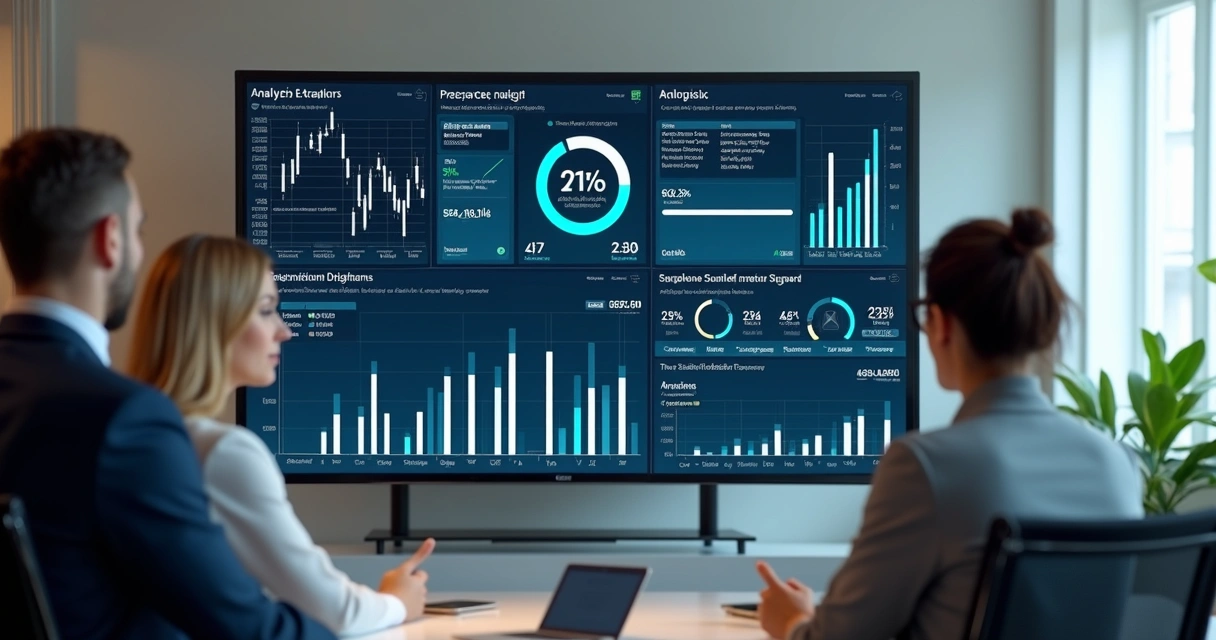 Painel de web analytics com KPIs de e-commerce e pessoas analisando 