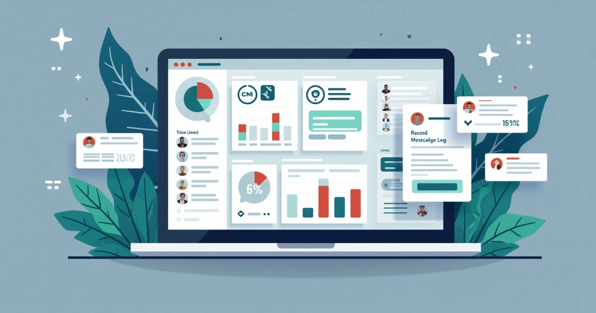 Tela de dashboard CRM com integrações do WhatsApp, gráficos de leads, contatos e respostas rápidas, ambiente digital 