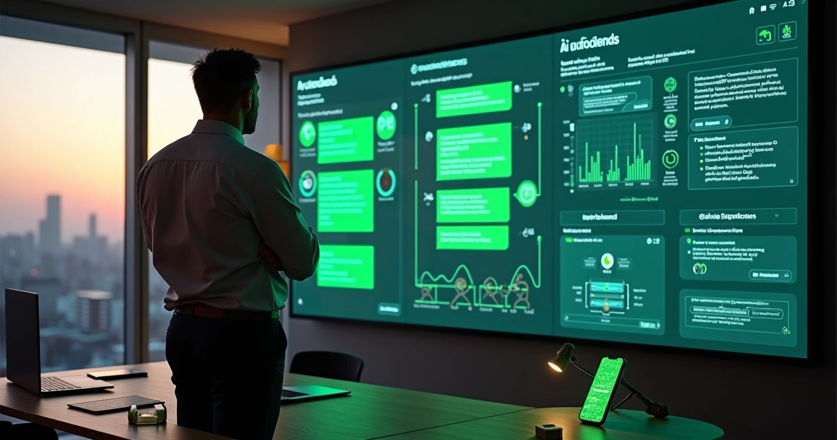 Executivo observa painel de dados integrando WhatsApp e inteligência artificial em escritório moderno 